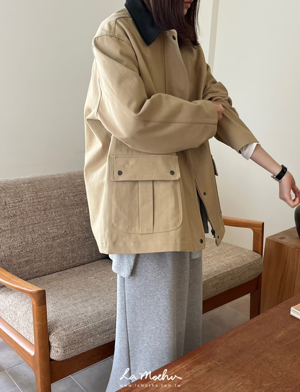 皮革領口袋剪裁巴恩風外套